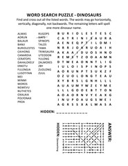 Dinosaurs word search puzzle (suitable both for kids and adults). Answer included.
