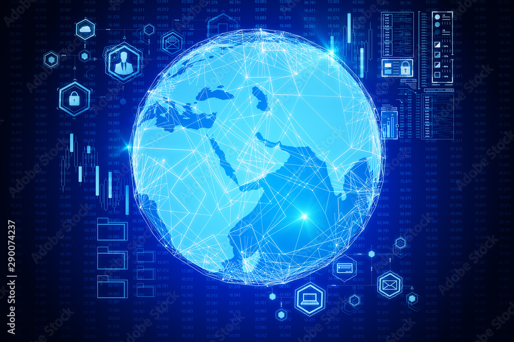 Poster global trading concept with digital screen with earth globe at forex chart background.