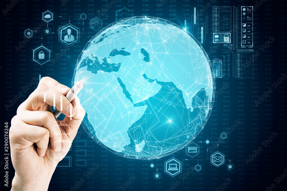 Poster world communication concept with hand touching digital earth globe at business chart background.