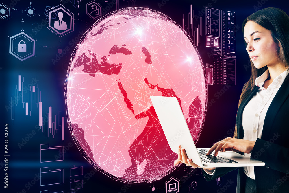 Poster business trading concept with trader woman with laptop at digital screen with earth globe background