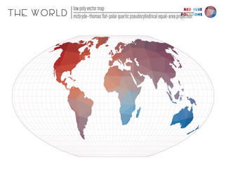 Low poly world map. McBryde-Thomas flat-polar quartic pseudocylindrical equal-area projection of the world. Red Blue colored polygons. Stylish vector illustration.