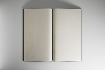 Open book with blank mock up eco sheets at light background, copyspace.