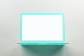 Blank white mock up screen of single material turquoise laptop at abstract light background.