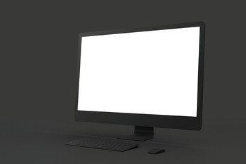 All black minimal concept with blank white mock up screen of black computer at dark background.