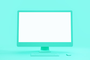 Minimal concept with blank white mock up of single material turquoise computer screen.