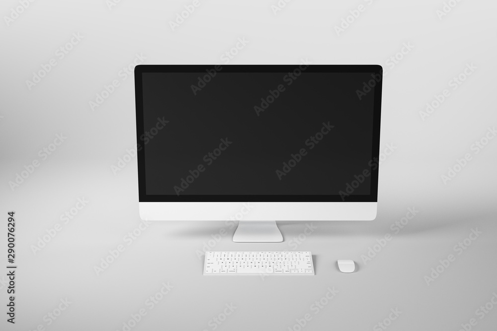 Poster Front view on blank black modern monitor of white computer at abstract light background.