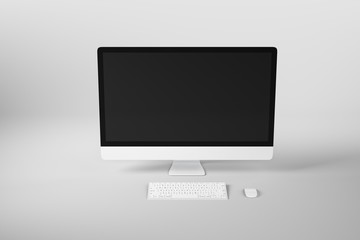Front view on blank black modern monitor of white computer at abstract light background.