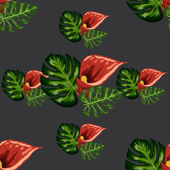 Seamless pattern with red forest Wild Calla flowers and leaves. for wallpapers,textile and scrapbooking