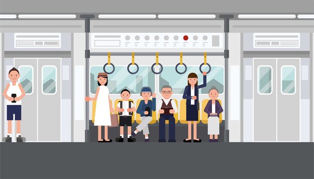 Inside air train with people. railroad car with man and woman. Interior of electric train with city view. concept vector design.