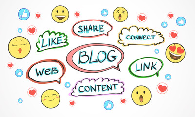 Social network and blogging concept with hand drawn words and social media icons at light background.