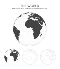 Map of the World. Orthographic projection. Globe with latitude and longitude lines. World map on meridians and parallels background. Vector illustration.