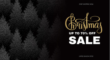 Christmas sale. Elegant design template with lettering and winter forest background.