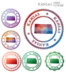 Kansas badge. Colorful polygonal US state symbol. Multicolored geometric Kansas logos set. Vector illustration.