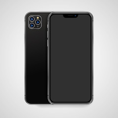 Black or dark grey new 2019 modern mobile phone mockup isolated on transparent background. Vector illustration EPS 10.