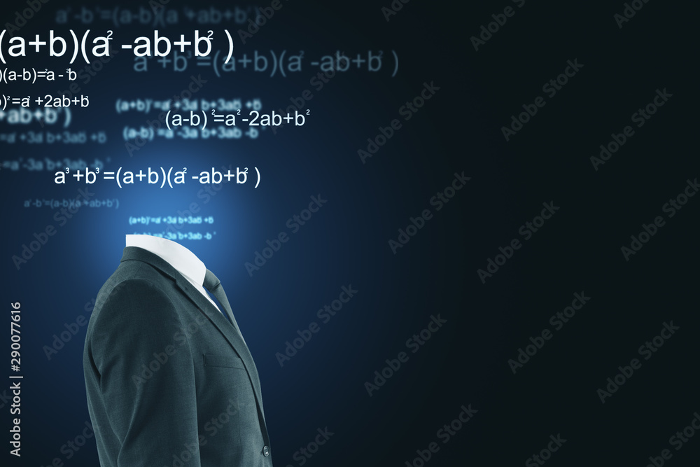 Poster education concept with headless businessman and mathematical formulas at copyspace background.