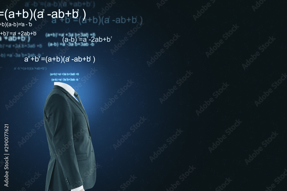 Aufkleber Machine learning concept with headless businessman and mathematical formulas at copyspace background.