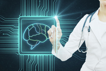 Medical brain research with doctor touching digital screen with brain in microchip at pixel background.