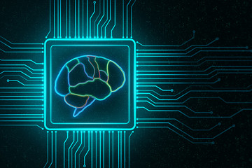 AI concept with digital brain scheme as a chip in a microchip at abstract pixel background.