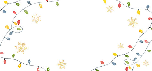 Watercolor vector Christmas card with colorful garlands with Golden snowflakes.