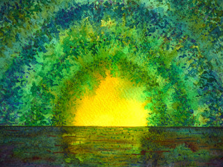 bamboo green forest arch tunnel sun lighting watercolor painting illustration design hand drawn