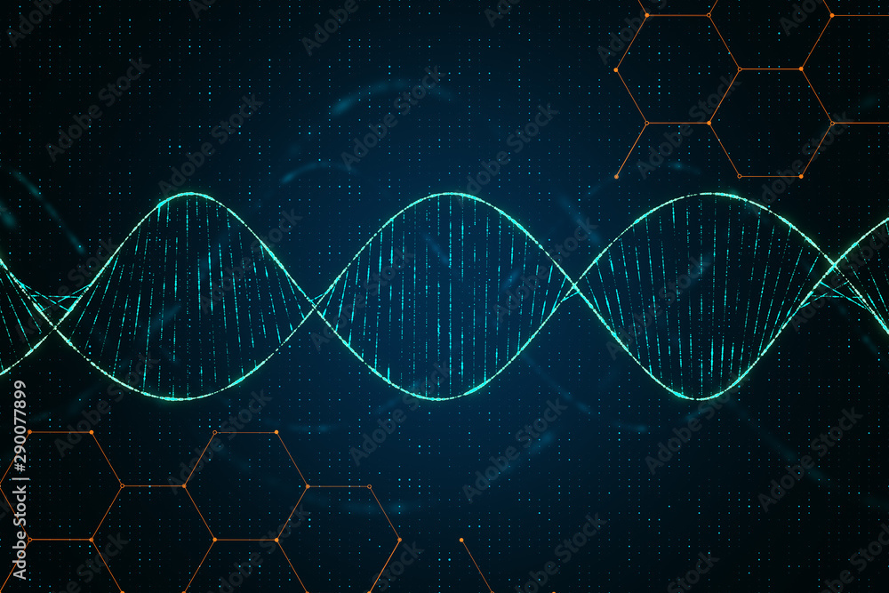 Poster genetics concept with digital dna spiral and abstract technology background.