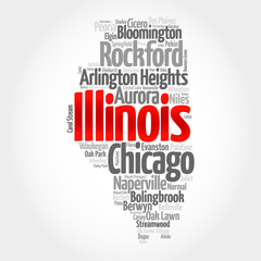 List of cities in Illinois USA state, map silhouette word cloud map concept