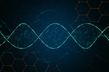 Genetics concept with digital dna spiral and abstract technology background.