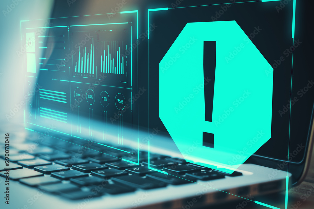 Poster warning system concept with digital exclamation point at blurry laptop background.