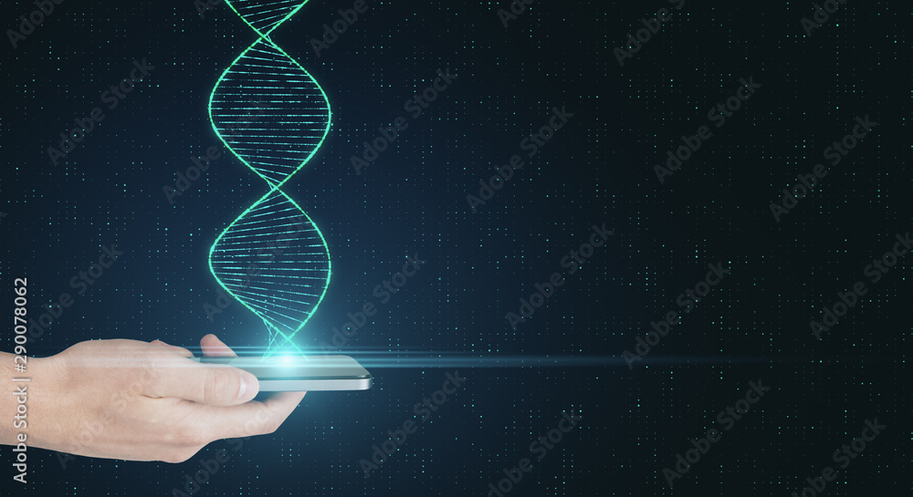 Poster genetic science and biotechnology analysis concept with human hand with smartphone and dna spiral.