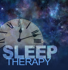 Try Sleep Therapy Now concept - transparent clock face with NOW instead of 12 againsgt a dark night sky background with the words SLEEP THERAPY beneath and copy space