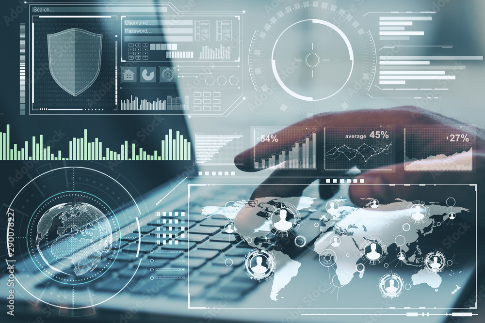 Poster Business trading concept with digital screen with diagram, graphs and data analysis and man with laptop. Double exposure.
