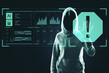 Cyber security concept with no face hacker touching digital screen with exclamation mark and...