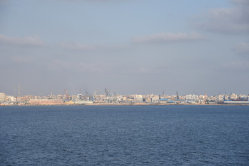 City of Port Said, panorama view from the cargo ship transiting Suez Canal. 