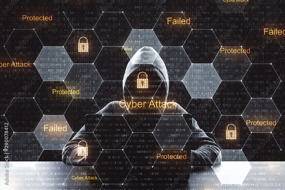 Poster Cyber security concept with digital cells with lock icons and no face hacker using laptop.Double exposure.