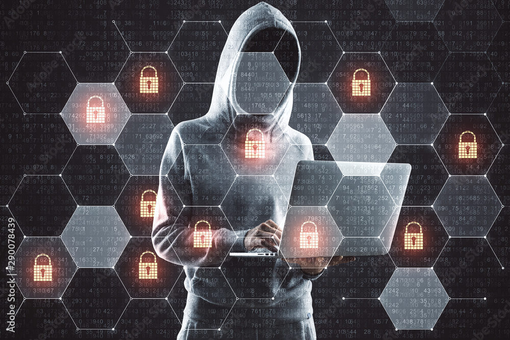 Aufkleber Cyber attack in process with hacker using laptop and digital security icons in cells.Double exposure.