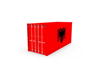 3D Illustration of Cargo Container with Albania Flag on white background with shadows. Delivery, transportation, shipping freight transportation.