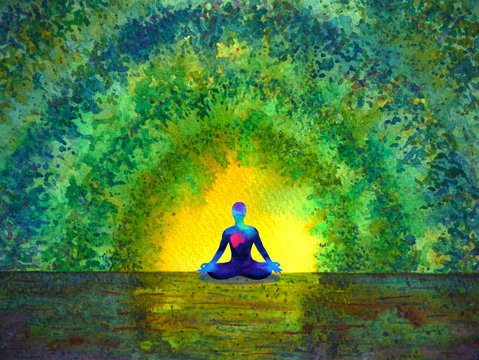 chakra color human lotus pose yoga in green tree forest tunnel, abstract world, universe inside your mind mental, watercolor painting illustration design hand drawn