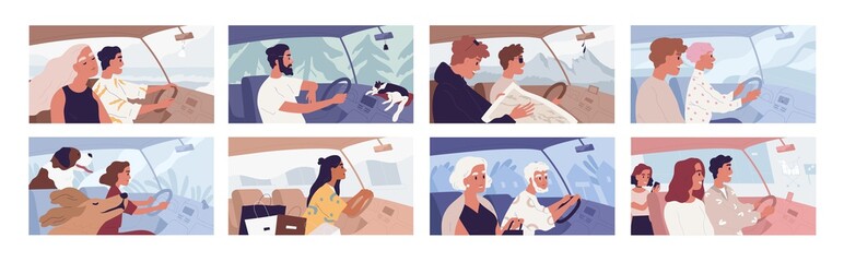 People driving car flat vector illustrations set. Road trip concept. Travelling with pets. Female shopaholic riding with purchases. Friends in vehicle finding route on map. Elegant lady in automobile.