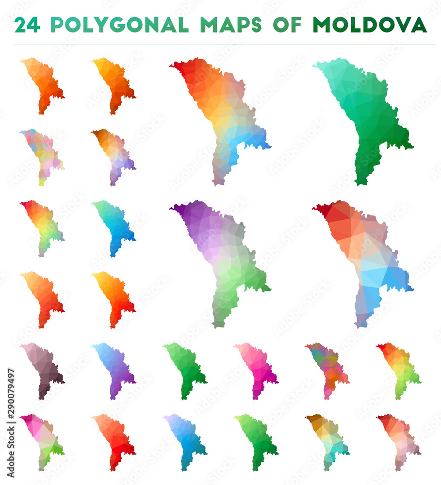 Poster set of vector polygonal maps of moldova. bright gradient map of the country in low poly style. multi