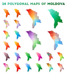 Set of vector polygonal maps of Moldova. Bright gradient map of country in low poly style. Multicolored Moldova map in geometric style for your infographics.