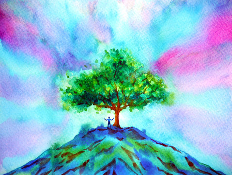 mind spiritual human on mountain tree abstract art watercolor painting illustration design hand drawing