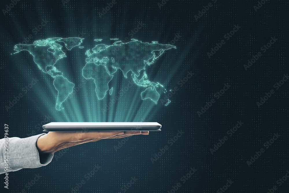 Poster globalization concept with digital world map layout above human hand with digital tablet.