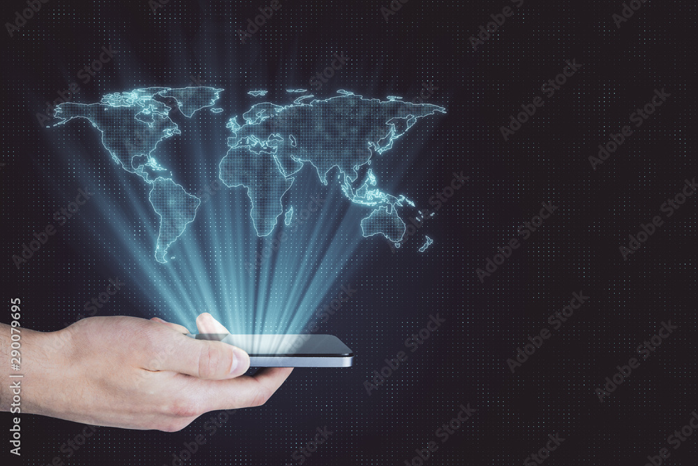 Poster Digital globalization concept with digital world map layout above human hand with smartphone.