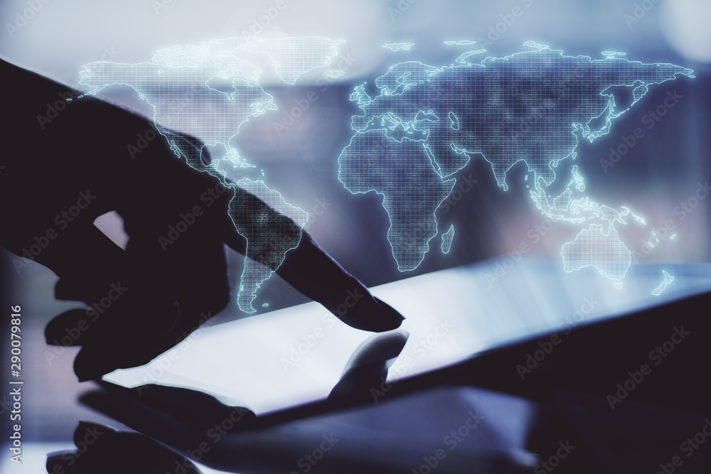 Poster global internet concept with man finger pushing digital tablet screen and digital world map scheme.
