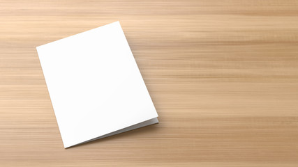 Realistic bi fold brochure or invitation mock up isolated on wooden background. 3D illustration.