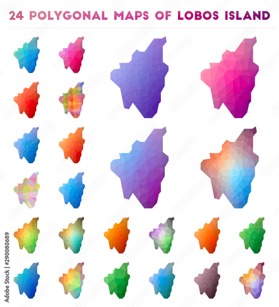 Poster set of vector polygonal maps of lobos island. bright gradient map of island in low poly style. multi
