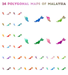 Set of vector polygonal maps of Malaysia. Bright gradient map of country in low poly style. Multicolored Malaysia map in geometric style for your infographics.