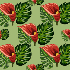 Seamless pattern with tropical leaves and callas lilies flowers. Jungle foliage.