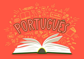 Portugues. Presente, o verbo, oi!, mas, eu, O que?, um, uns, uma, umas. Translate:" Portuguese. Present, the verb, hi !, but, I, What ?, one". Open book with language hand drawn doodles. 