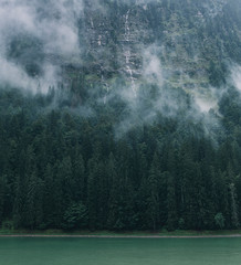 Beautiful Landscape of Alpine Trees and Lake in the Rain